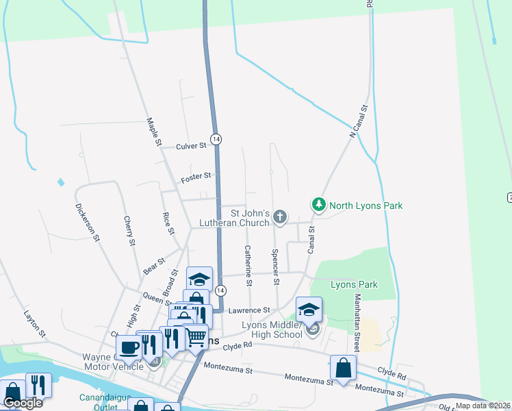map of restaurants, bars, coffee shops, grocery stores, and more near 90 Catherine Street in Lyons