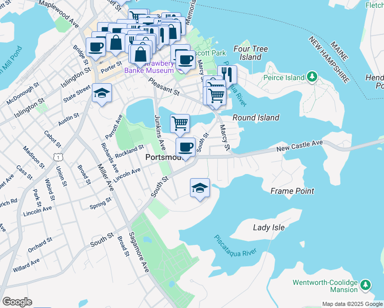 map of restaurants, bars, coffee shops, grocery stores, and more near 151 South Street in Portsmouth