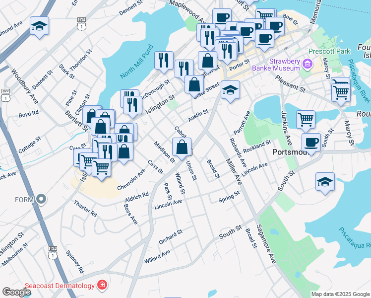 map of restaurants, bars, coffee shops, grocery stores, and more near 46 Cabot Street in Portsmouth