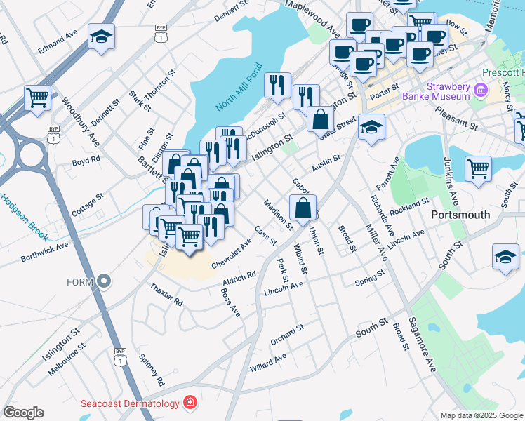 map of restaurants, bars, coffee shops, grocery stores, and more near 194 Madison Street in Portsmouth