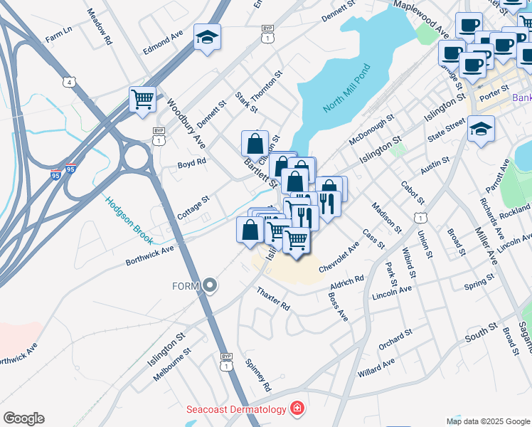 map of restaurants, bars, coffee shops, grocery stores, and more near 54 Bartlett Street in Portsmouth