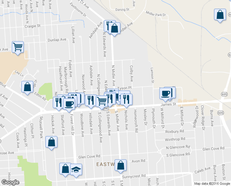 map of restaurants, bars, coffee shops, grocery stores, and more near 201 North Midler Avenue in Syracuse