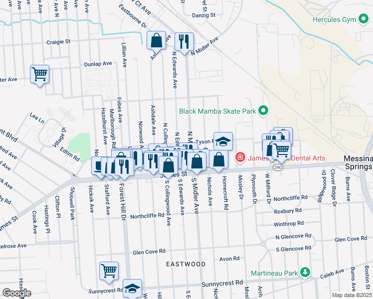 map of restaurants, bars, coffee shops, grocery stores, and more near 201 North Midler Avenue in Syracuse