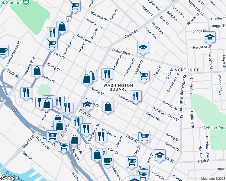 map of restaurants, bars, coffee shops, grocery stores, and more near 1015 1st North Street in Syracuse