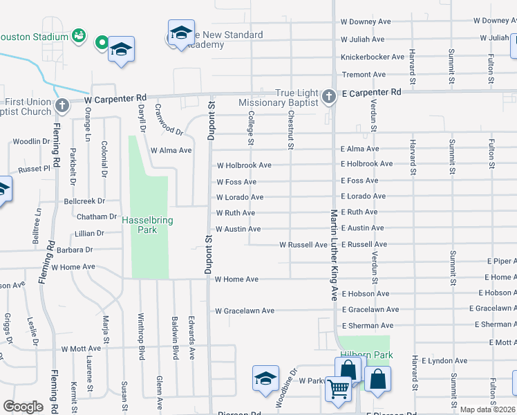 map of restaurants, bars, coffee shops, grocery stores, and more near 506 West Lorado Avenue in Flint