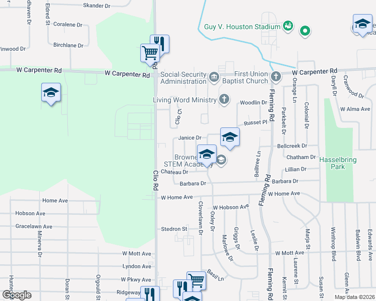 map of restaurants, bars, coffee shops, grocery stores, and more near 6514 Karen Drive in Flint