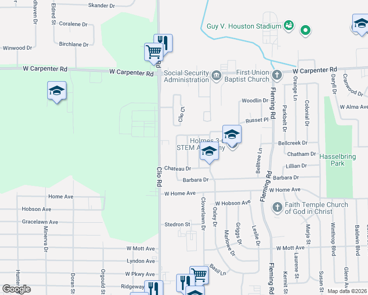 map of restaurants, bars, coffee shops, grocery stores, and more near 2205 Janice Drive in Flint