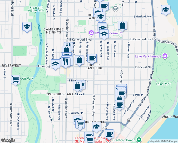 map of restaurants, bars, coffee shops, grocery stores, and more near in Milwaukee