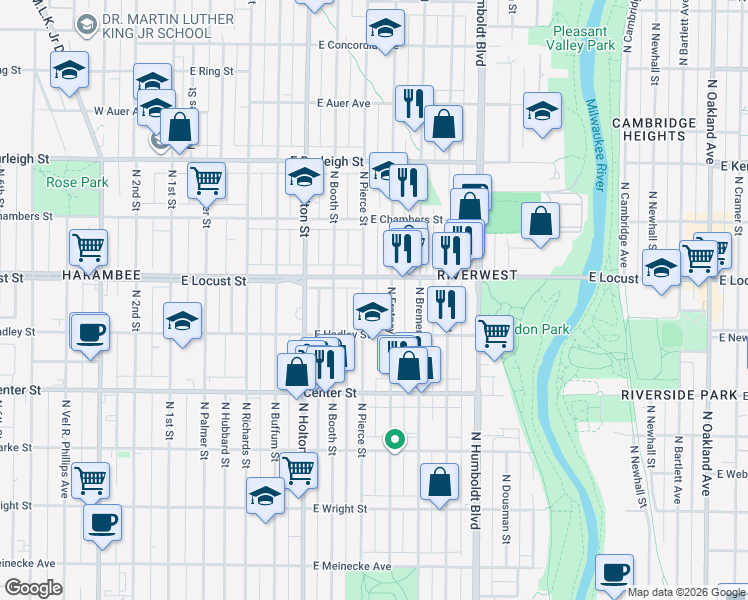 map of restaurants, bars, coffee shops, grocery stores, and more near 633 East Locust Street in Milwaukee