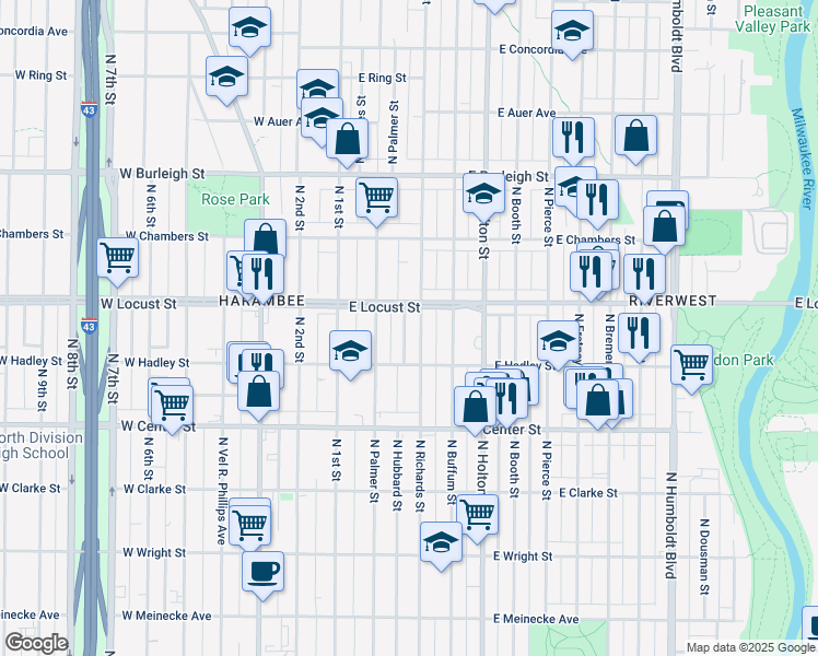 map of restaurants, bars, coffee shops, grocery stores, and more near 2870 North Richards Street in Milwaukee