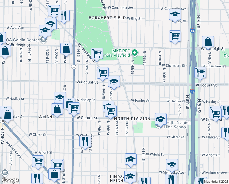 map of restaurants, bars, coffee shops, grocery stores, and more near 1503 West Hopkins Street in Milwaukee