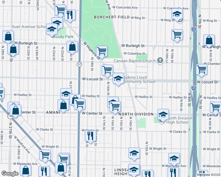 map of restaurants, bars, coffee shops, grocery stores, and more near 2860A North 16th Street in Milwaukee
