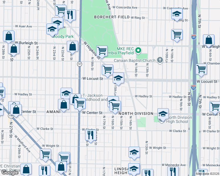 map of restaurants, bars, coffee shops, grocery stores, and more near 2860A North 16th Street in Milwaukee