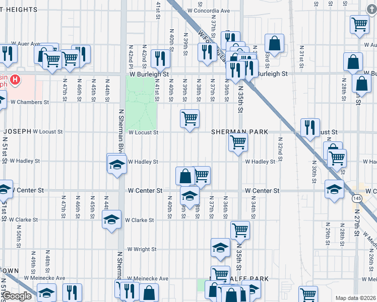 map of restaurants, bars, coffee shops, grocery stores, and more near 2857 North 38th Street in Milwaukee