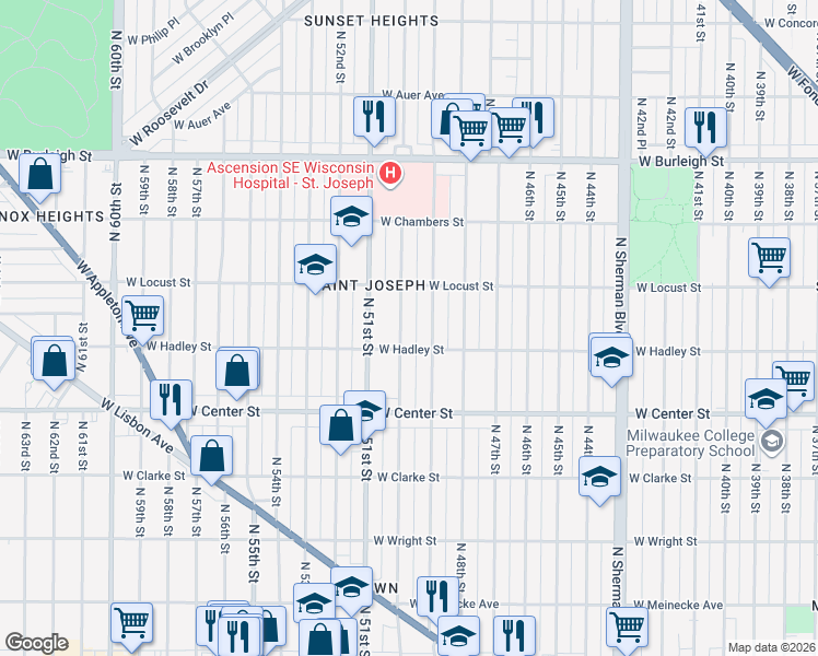 map of restaurants, bars, coffee shops, grocery stores, and more near 2857 North 50th Street in Milwaukee
