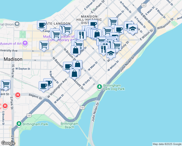 map of restaurants, bars, coffee shops, grocery stores, and more near 333 West Main Street in Madison