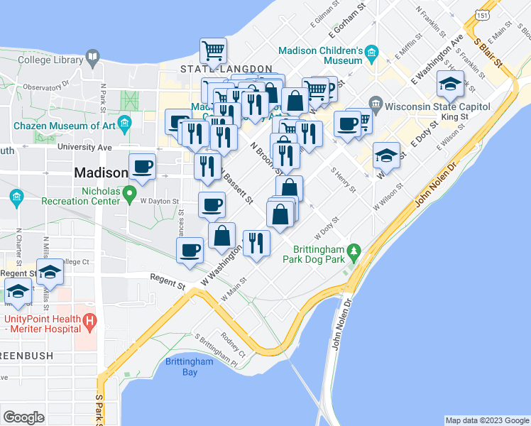 map of restaurants, bars, coffee shops, grocery stores, and more near 441 West Mifflin Street in Madison