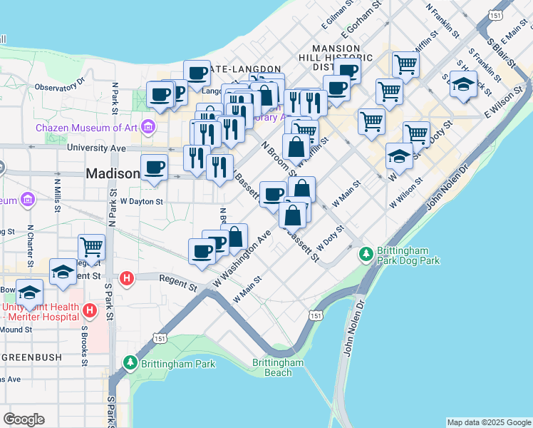 map of restaurants, bars, coffee shops, grocery stores, and more near 441 West Mifflin Street in Madison