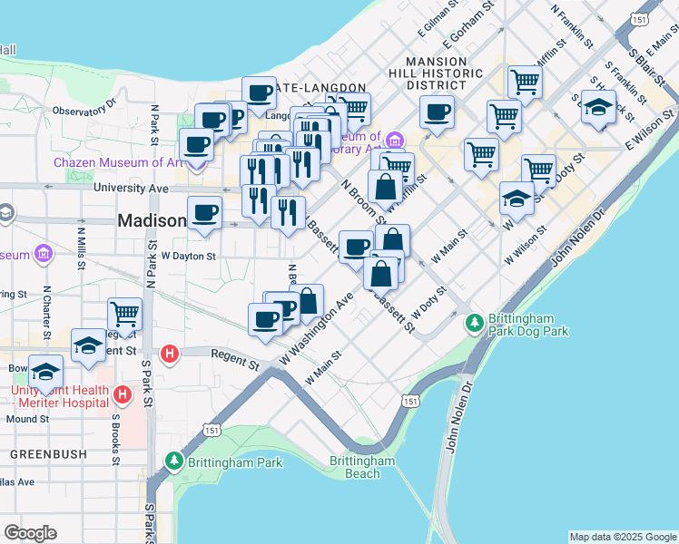 map of restaurants, bars, coffee shops, grocery stores, and more near 114 North Bassett Street in Madison