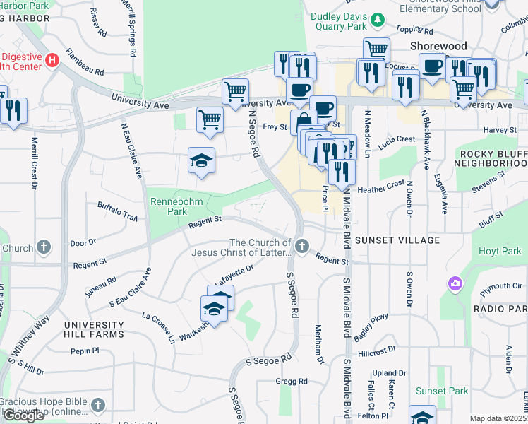 map of restaurants, bars, coffee shops, grocery stores, and more near 426 North Segoe Road in Madison