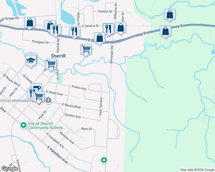 map of restaurants, bars, coffee shops, grocery stores, and more near 283 Betsinger Road in Sherrill