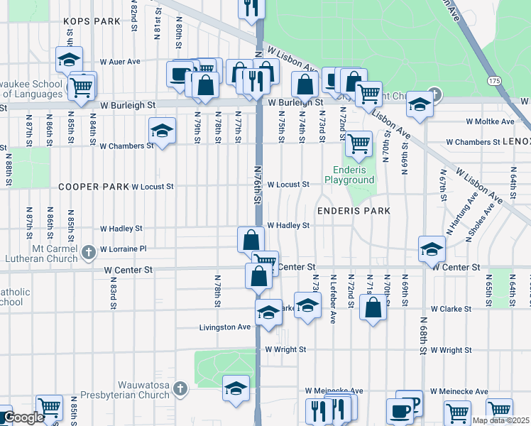 map of restaurants, bars, coffee shops, grocery stores, and more near 2820 North 76th Street in Milwaukee