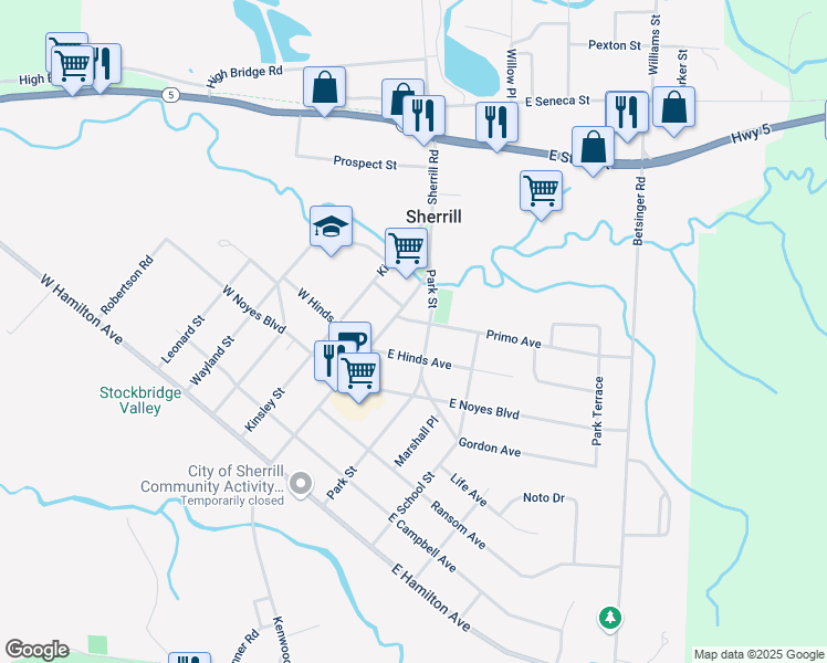 map of restaurants, bars, coffee shops, grocery stores, and more near 124 Primo Avenue in Sherrill