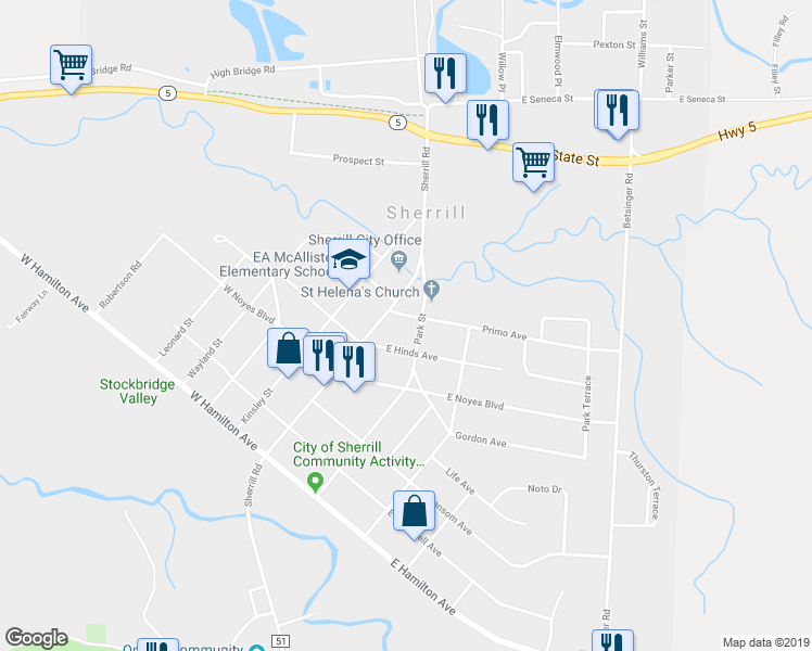map of restaurants, bars, coffee shops, grocery stores, and more near 115 Primo Avenue in Sherrill