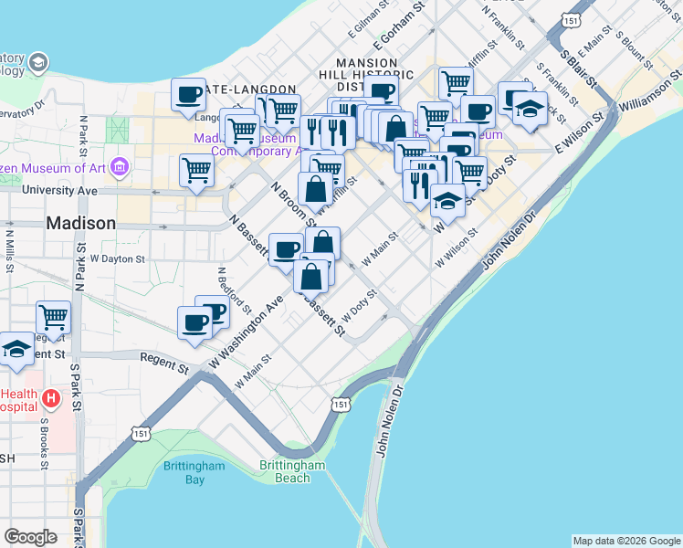 map of restaurants, bars, coffee shops, grocery stores, and more near 412 West Main Street in Madison