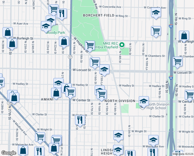 map of restaurants, bars, coffee shops, grocery stores, and more near 2836 North 16th Street in Milwaukee