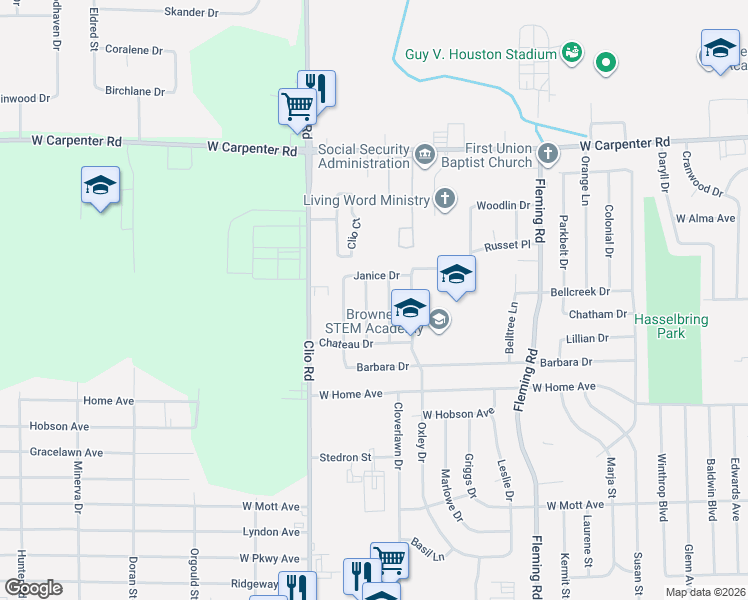 map of restaurants, bars, coffee shops, grocery stores, and more near 6514 Karen Drive in Flint