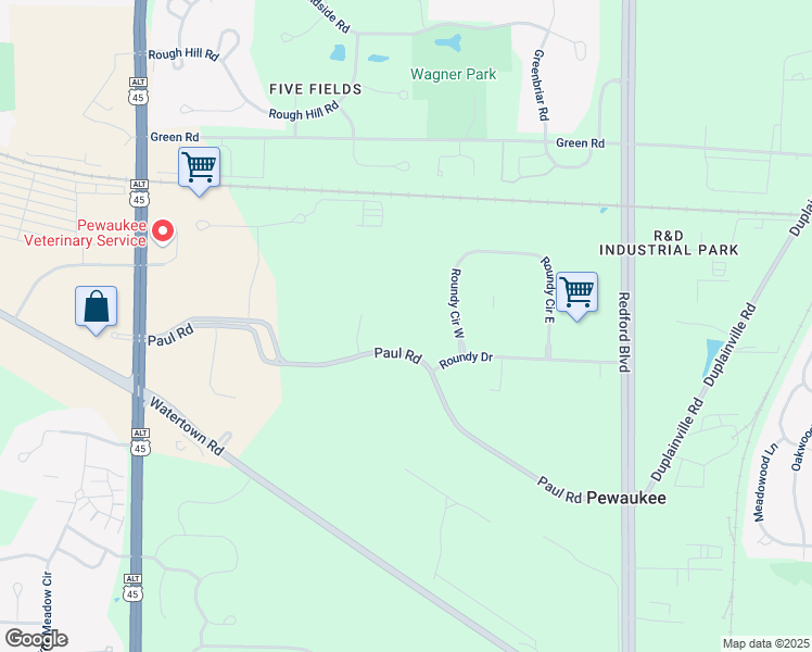 map of restaurants, bars, coffee shops, grocery stores, and more near W234N2830 Paul Road in Pewaukee