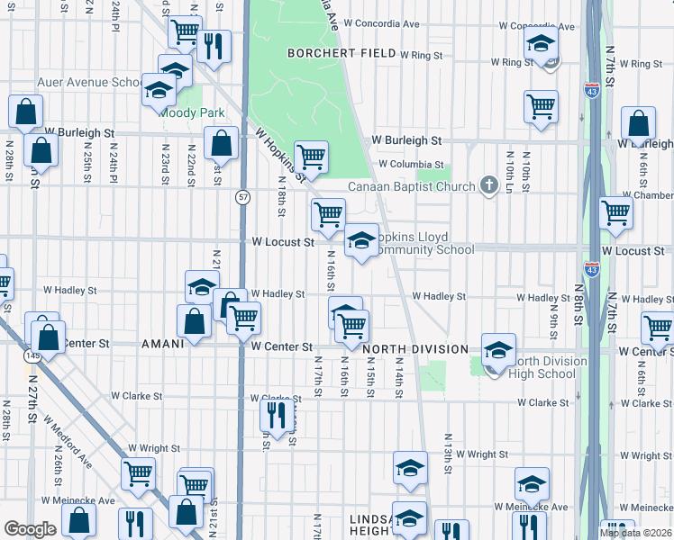 map of restaurants, bars, coffee shops, grocery stores, and more near 2860A North 16th Street in Milwaukee