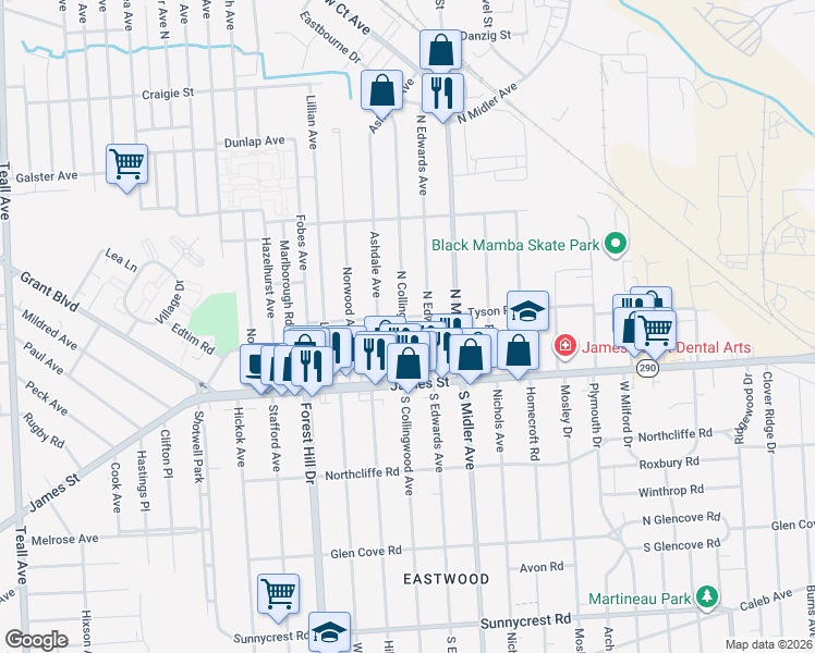 map of restaurants, bars, coffee shops, grocery stores, and more near 207 North Edwards Avenue in Syracuse
