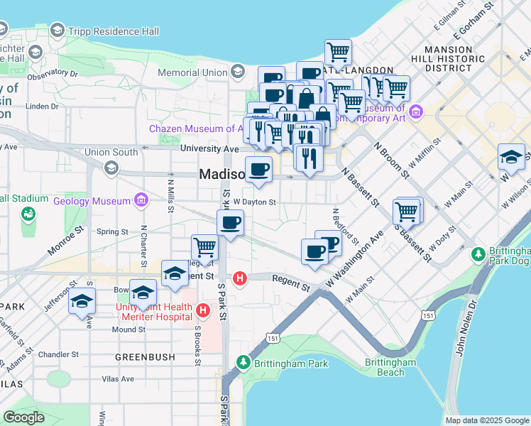 map of restaurants, bars, coffee shops, grocery stores, and more near 770 West Dayton Street in Madison