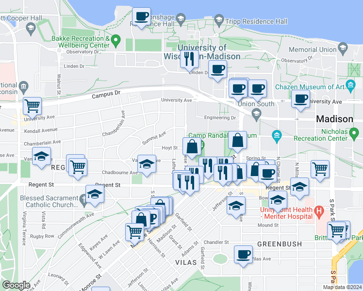map of restaurants, bars, coffee shops, grocery stores, and more near 1602 Hoyt Street in Madison