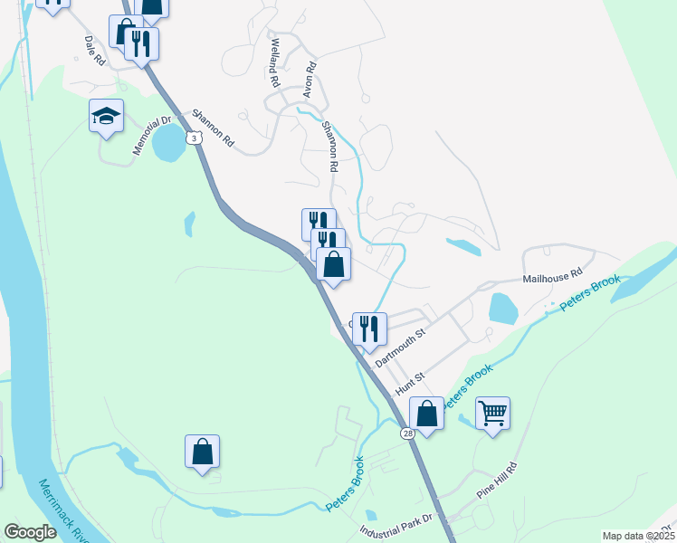 map of restaurants, bars, coffee shops, grocery stores, and more near 1461 Hooksett Road in Hooksett
