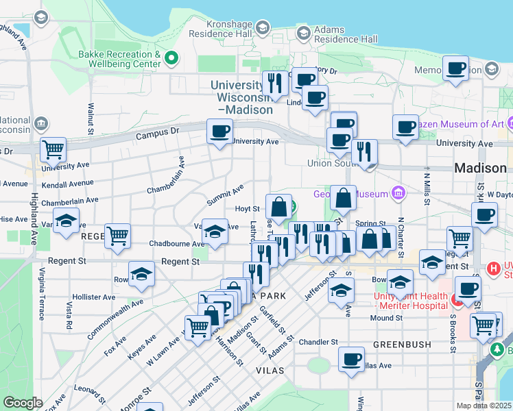 map of restaurants, bars, coffee shops, grocery stores, and more near 1614 Hoyt Street in Madison