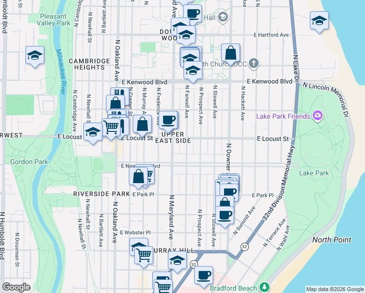 map of restaurants, bars, coffee shops, grocery stores, and more near 2903 North Farwell Avenue in Milwaukee