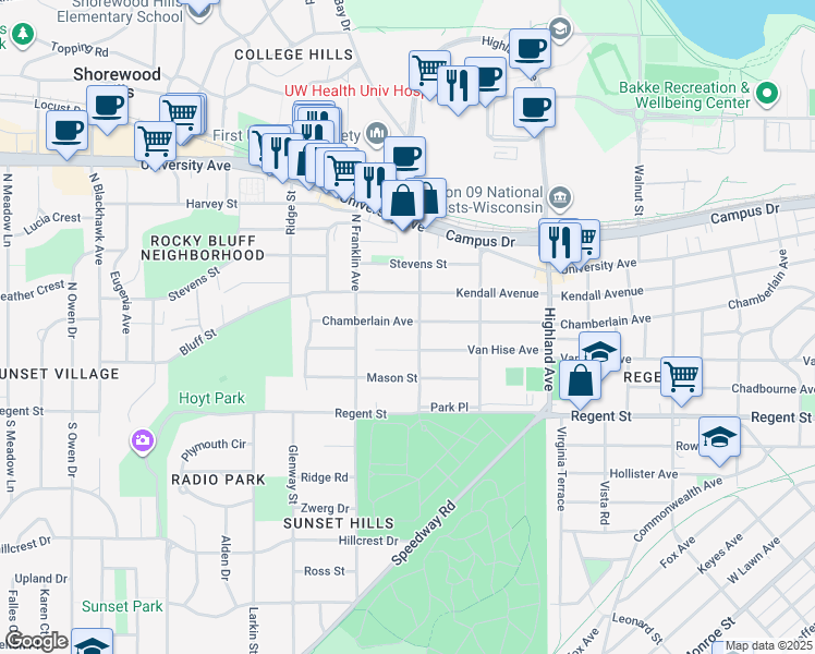 map of restaurants, bars, coffee shops, grocery stores, and more near 2718 Chamberlain Avenue in Madison