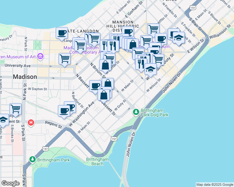 map of restaurants, bars, coffee shops, grocery stores, and more near 30 South Broom Street in Madison