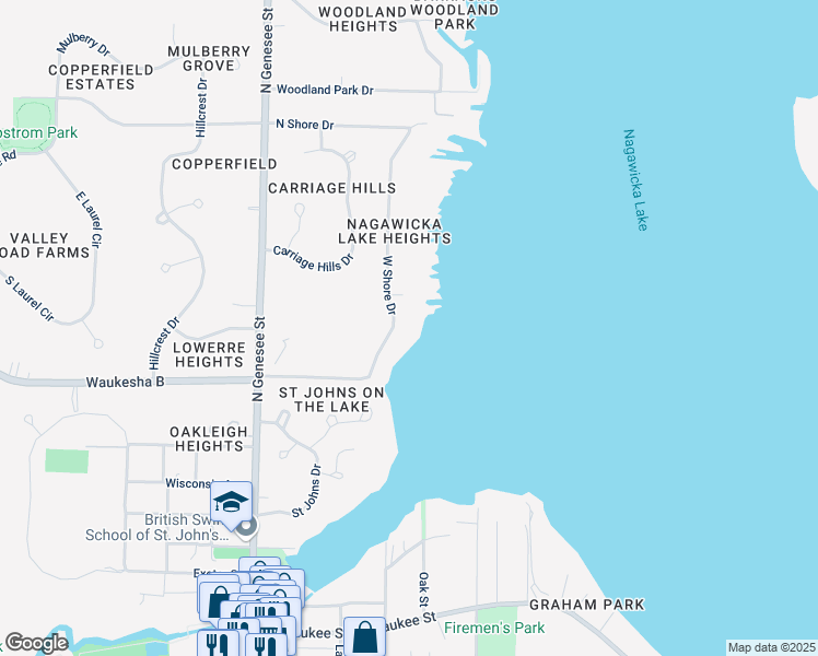 map of restaurants, bars, coffee shops, grocery stores, and more near 1716 West Shore Drive in Delafield