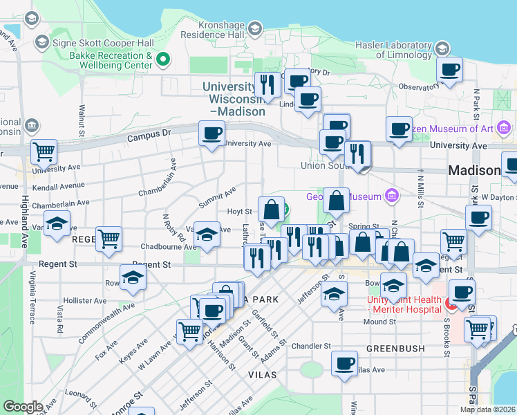 map of restaurants, bars, coffee shops, grocery stores, and more near 124 North Breese Terrace in Madison