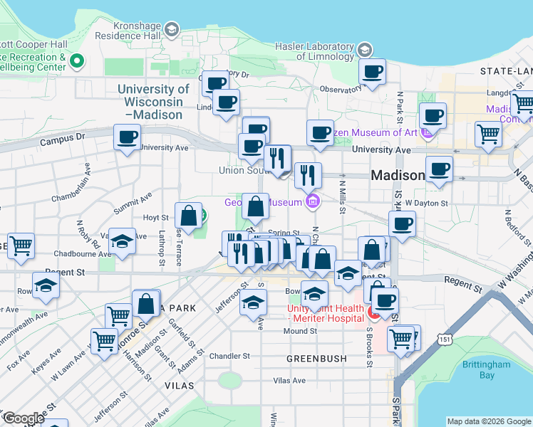 map of restaurants, bars, coffee shops, grocery stores, and more near 1324 Randall Court in Madison