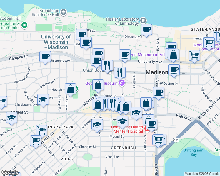 map of restaurants, bars, coffee shops, grocery stores, and more near 122 North Orchard Street in Madison