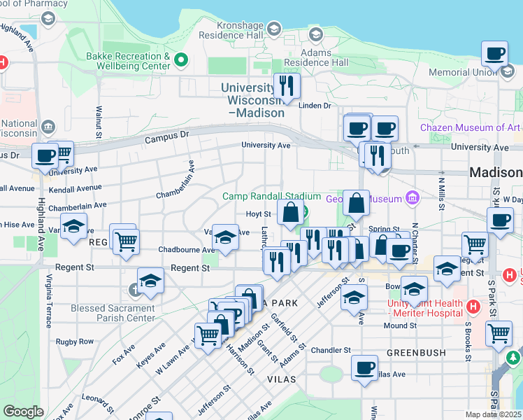 map of restaurants, bars, coffee shops, grocery stores, and more near 128 Lathrop Street in Madison