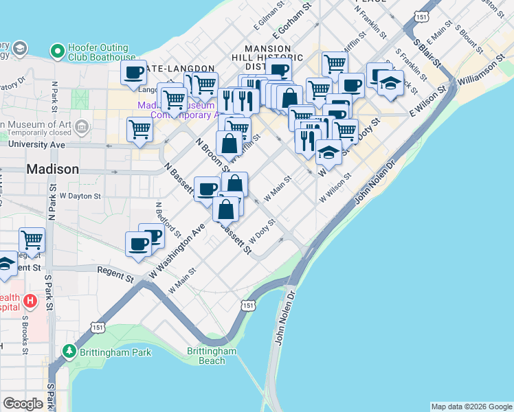 map of restaurants, bars, coffee shops, grocery stores, and more near West Main Street in Madison