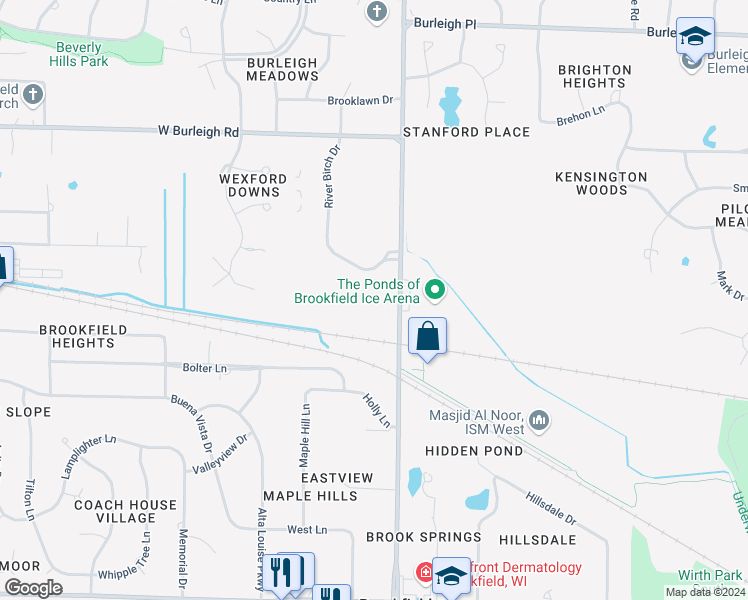 map of restaurants, bars, coffee shops, grocery stores, and more near 17285 River Birch Drive in Brookfield