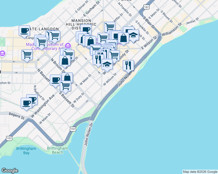 map of restaurants, bars, coffee shops, grocery stores, and more near 139 West Wilson Street in Madison