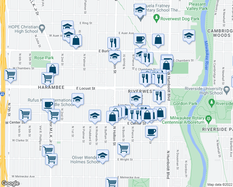 map of restaurants, bars, coffee shops, grocery stores, and more near 2852 North Holton Street in Milwaukee